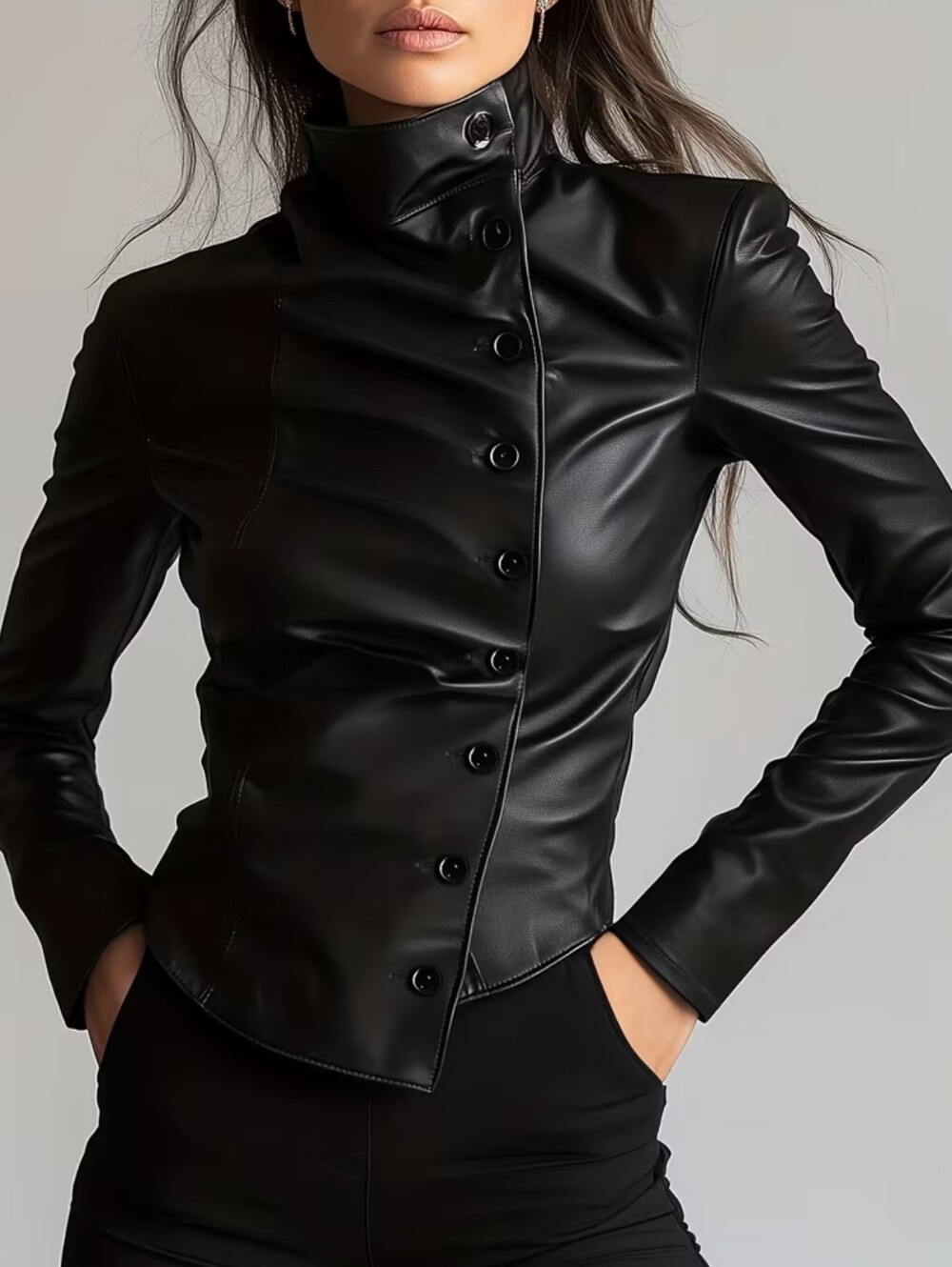 Women’s Black Faux Leather High-Collar Jacket